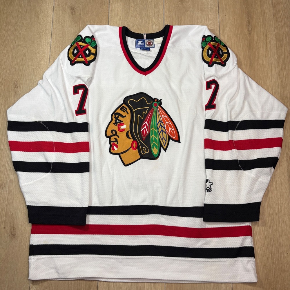 Vintage 90s Starter Chicago Blackhawks Chris Chelios 7 NHL Jersey Mens XL White